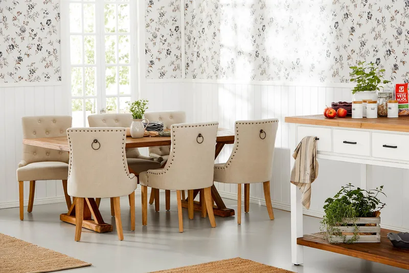 Lyon uttrekkbar spisegruppe 200 cm med 6 Viktoria lenestoler - Brunt tre / Naturbeige - Møbler - Bord - Spisegruppe