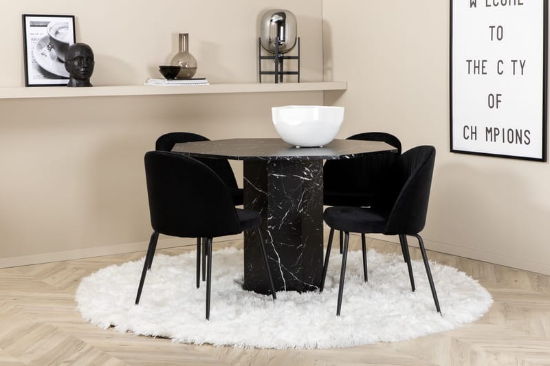 Marbs rund spisegruppe 110 cm inkl. 4 Foyos stoler, Svart