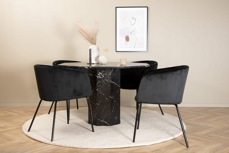 Marbs spisebord 110 cm rundt med 4 Berit armstoler med armlener