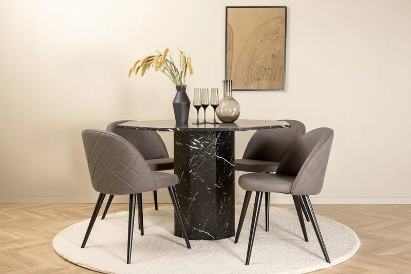 Marbs spisebord 110 cm rundt med 4 Velvet Stitches spisestoler
