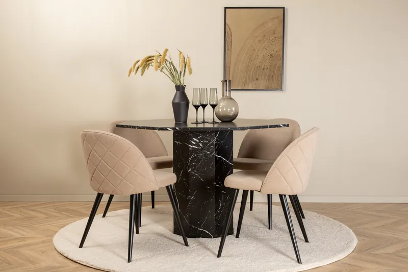 Marbs Spisegruppe 110 cm Rund med 4 Velvet Stoler, Beige