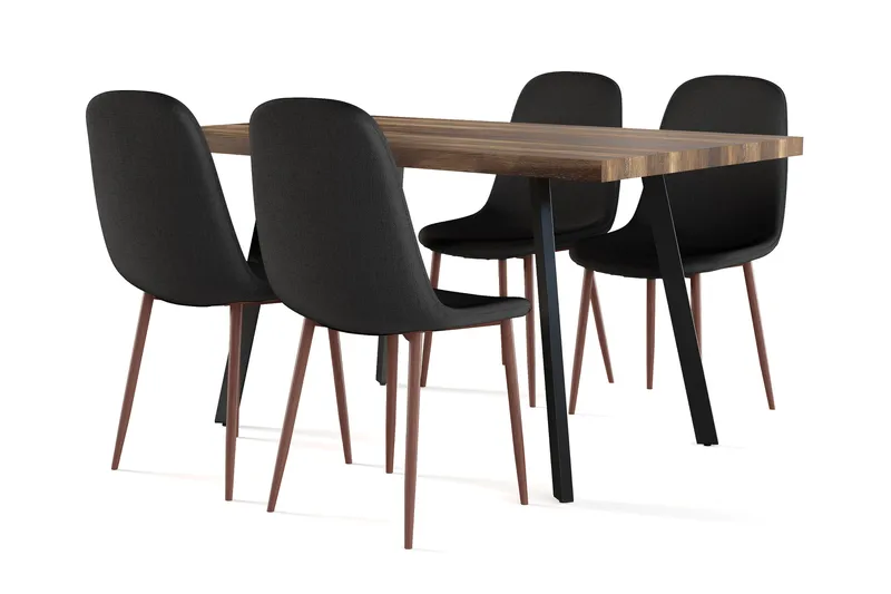 Marcelen Spisebord Uttrekkbart med ileggsplate + 4 stk Naira stol svart med valnøttben, Brun/Svart