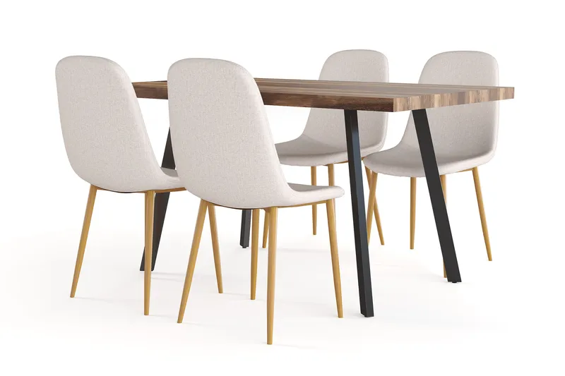 Marcelen Spisebord Uttrekkbart med ileggsplate + 4 stk Nibe stol beige med eikeben, Brun/Beige