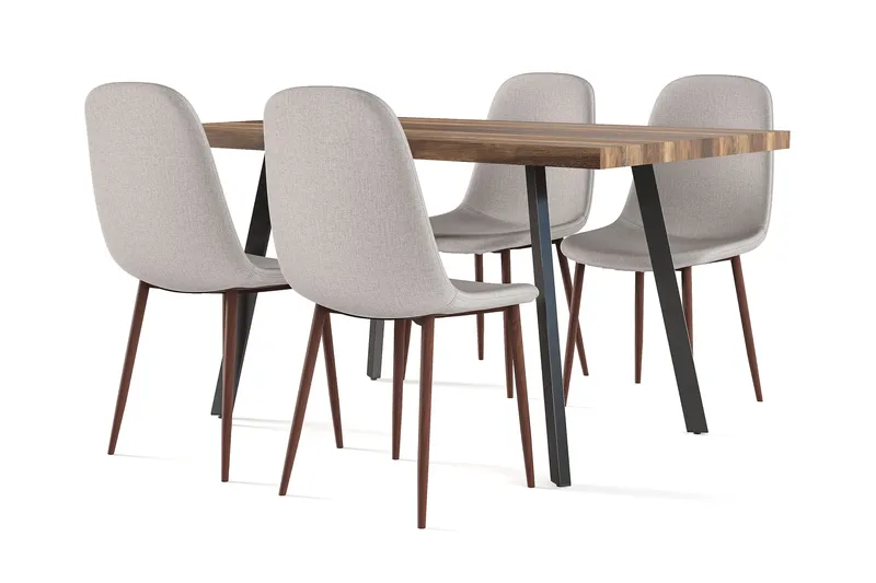 Marcelen Spisebord Uttrekkbart med ileggsplate + 4 stk Nibe stol grå med valnøttben, Brun/Grå