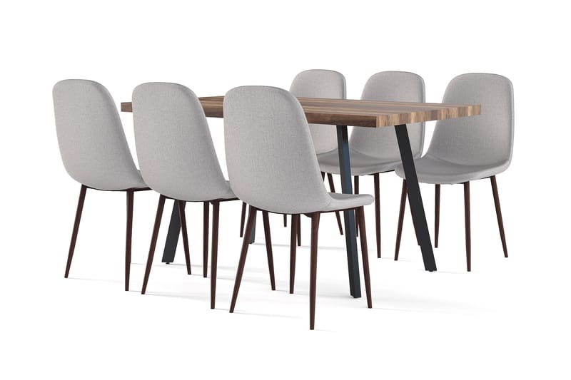 Marcelen Spisebord Uttrekkbart med ileggsplate + 6 stk Naira stol grå med valnøttben, Brun/Grå