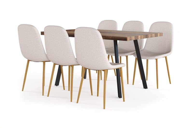 Marcelen Spisebord Uttrekkbart med ileggsplate + 6 stk Nibe stol beige med eikeben, Brun/Beige