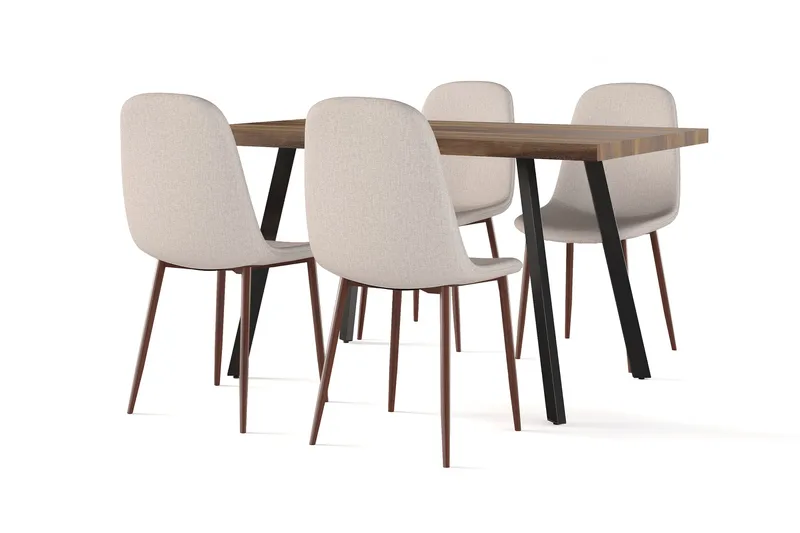 Marcelen Spisebord Uttrekkbart med ileggsplate + 4 stk Nibe stol beige med valnøttben, Brun/Beige