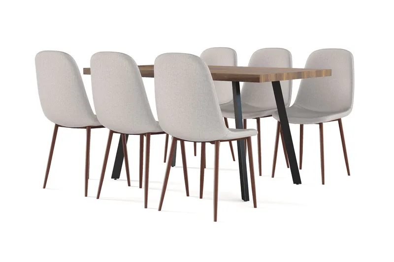 Marcelen Spisebord Uttrekkbart med ileggsplate + 6 stk Nibe stol beige med valnøttben, Brun/Beige