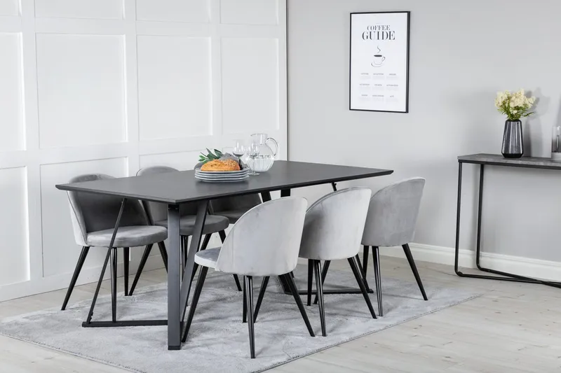 Marina spisebord 180 cm med 6 Velvet kjøkkenstoler i fløyel