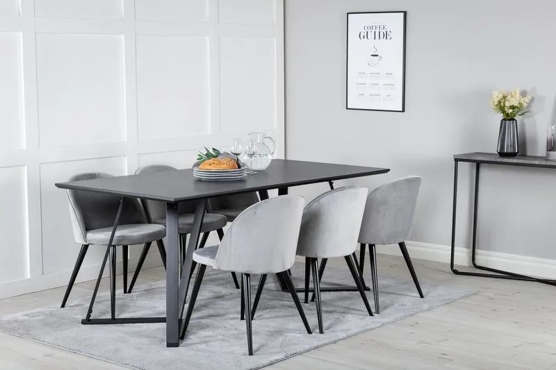Marina Spisegruppe 180 cm Rektangulær med 6 Velvet Stoler - Sort - Møbler - Bord - Spisegruppe