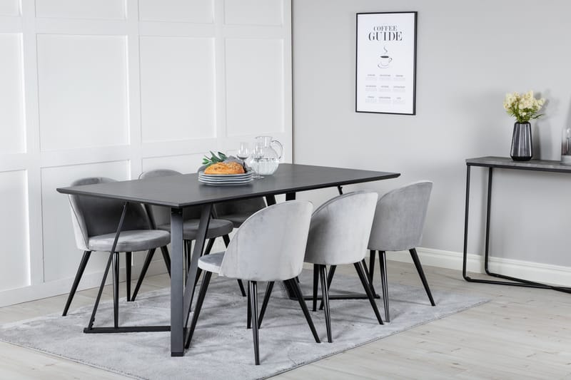 Marina Spisegruppe 180 cm Rektangulær med 6 Velvet Stoler - Sort - Møbler - Bord - Spisegruppe
