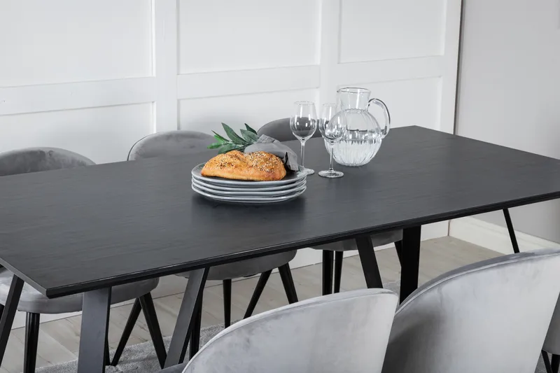 Marina Spisegruppe 180 cm Rektangulær med 6 Velvet Stoler - Sort - Møbler - Bord - Spisegruppe