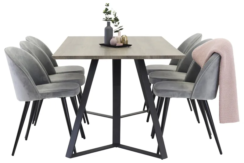 Marina Spisegruppe 180 cm Rektangulært med 6 Velvet Fløyel Spisestoler, Svart / Grå / Brun