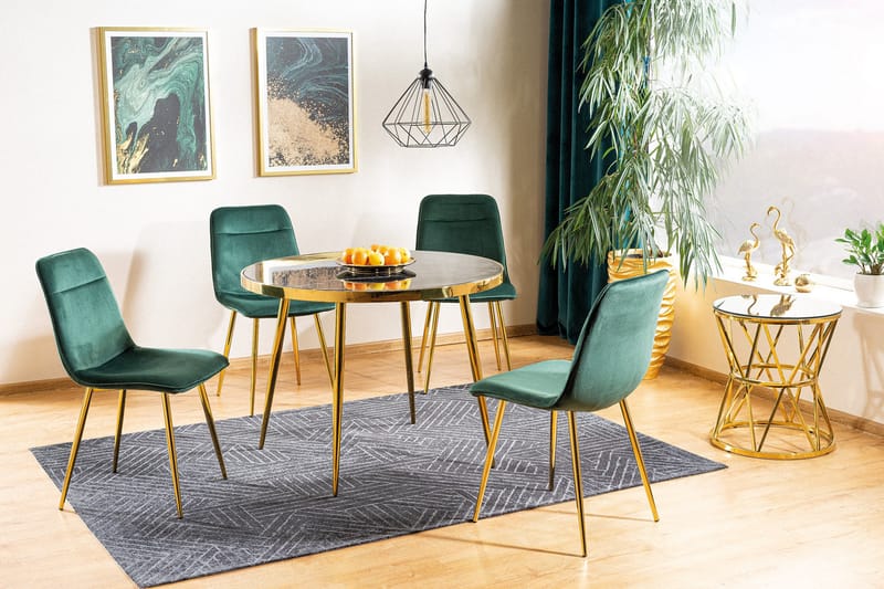 Spisebord Izzo 100 cm Rundt marmorlook - Glass / Svart / Gull - Marmorbord - Spisebord & kjøkkenbord