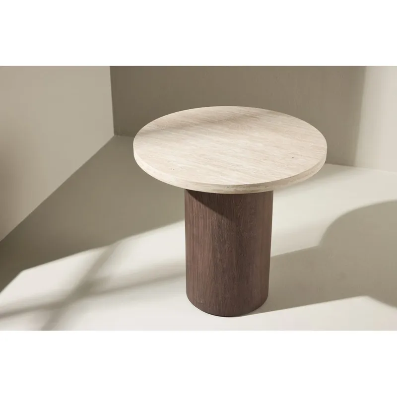 Megg 50 cm Rundt Sofabord i Stein med Understell i Tre - Beige - Møbler - Bord - Sofabord & salongbord