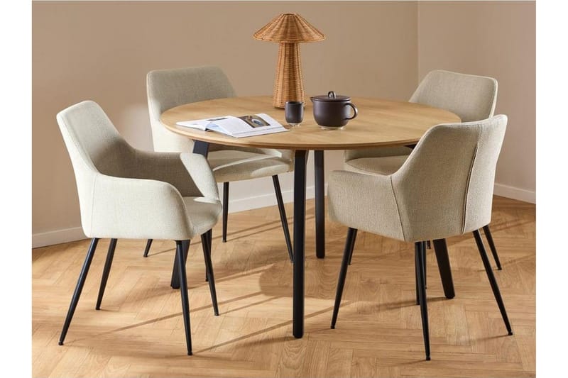 Motona Rund Spisegruppe 120 cm + 4 stk. Nielsby Spisestoler, Svart/Beige