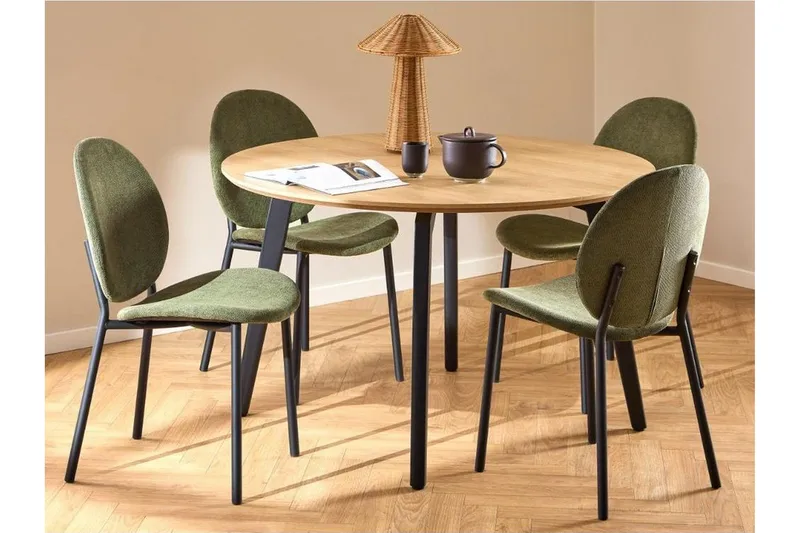 Motona Rund Spisegruppe 120 cm + 4 stk. Toroni Spisestoler, Svart/Grønn