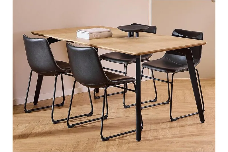 Motona spisegruppe 160 cm + 4 stk. Romia-spisestoler, Svart/Brun