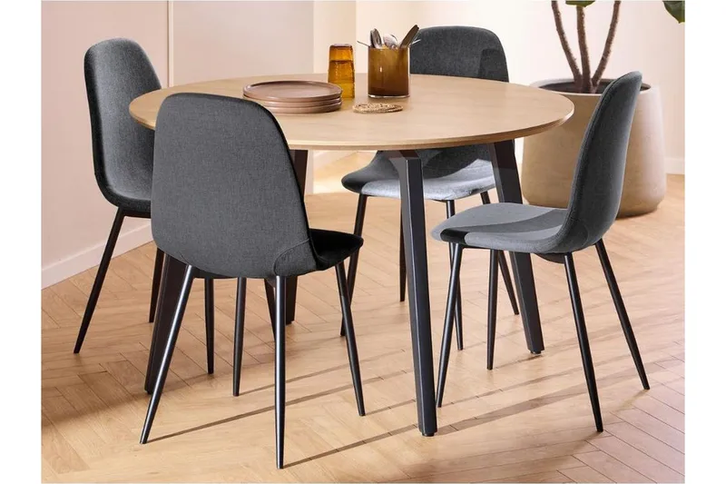 Motona Spisegruppe Rund 120 Cm + 4 Salaman Spisestuestoler, Grå/Svart