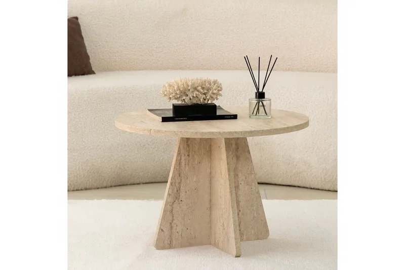 Munne Rundt Sofabord 60 cm i Stein med Korsformet Sokkel - Beige - Møbler - Bord - Sofabord & salongbord