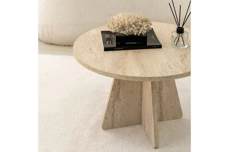 Munne Rundt Sofabord 60 cm i Stein med Korsformet Sokkel - Beige - Møbler - Bord - Sofabord & salongbord