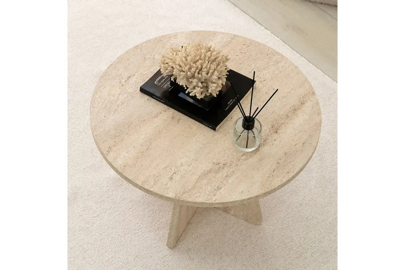 Munne Rundt Sofabord 60 cm i Stein med Korsformet Sokkel - Beige - Møbler - Bord - Sofabord & salongbord