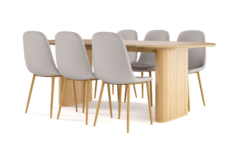 Neandir Ovalt Spisebord 220 cm Eik + 6 stk Naira stol grå med eikeben, Natur/Grå