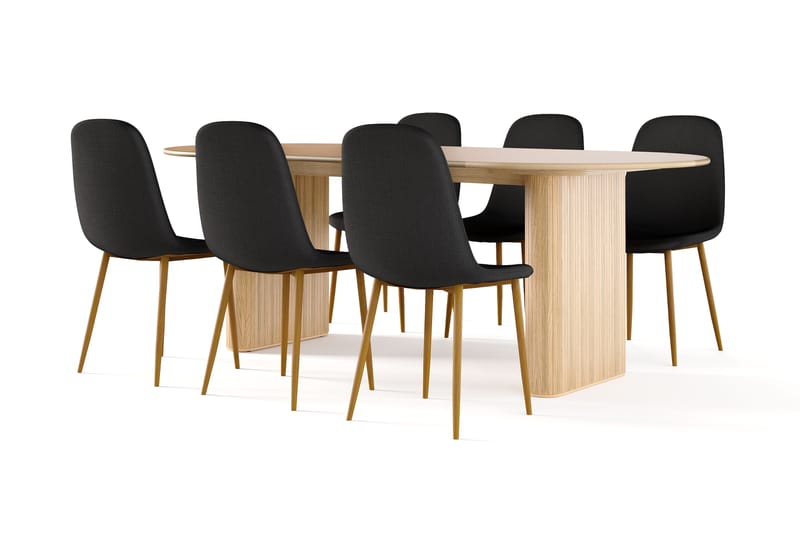 Neandir Ovalt Spisebord 220 cm Eik + 6 stk Naira stol svart med eikeben, Natur/Svart