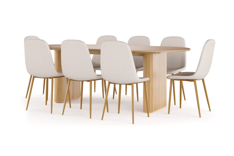 Neandir Ovalt Spisebord 220 cm Eik + 8 stk Naira stol beige med eikeben, Natur/Beige