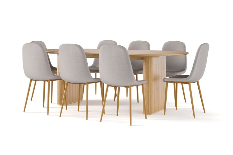 Neandir Ovalt Spisebord 220 cm Eik + 8 stk Naira stol grå med eikeben, Natur/Grå
