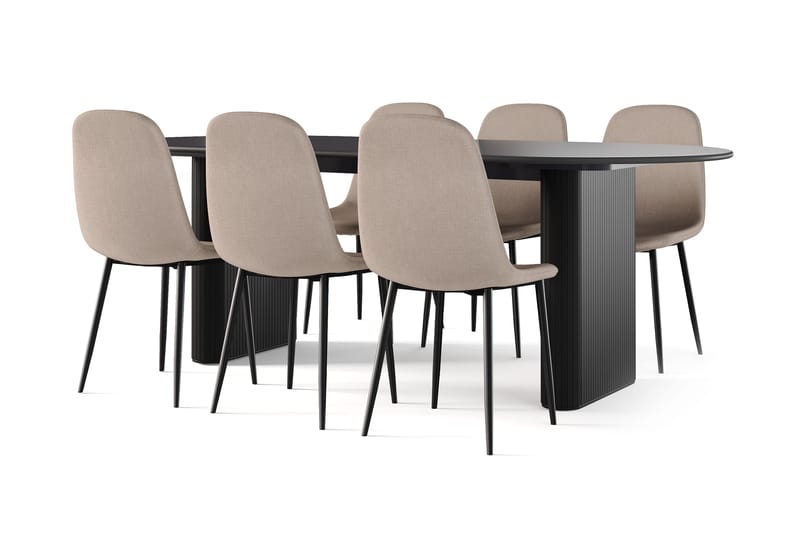 Neandir Ovalt Spisebord 220 cm Svart + 6 stk Naira stol brun med svarte ben, Svart/Brun
