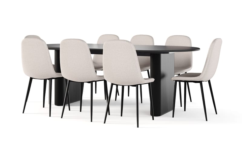 Neandir Ovalt Spisebord 220 cm Svart + 8 stk Naira stol beige med svarte ben, Svart/Beige