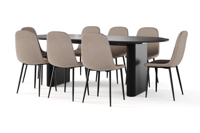 Neandir Ovalt Spisebord 220 cm Svart + 8 stk Naira stol brun med svarte ben, Svart/Brun