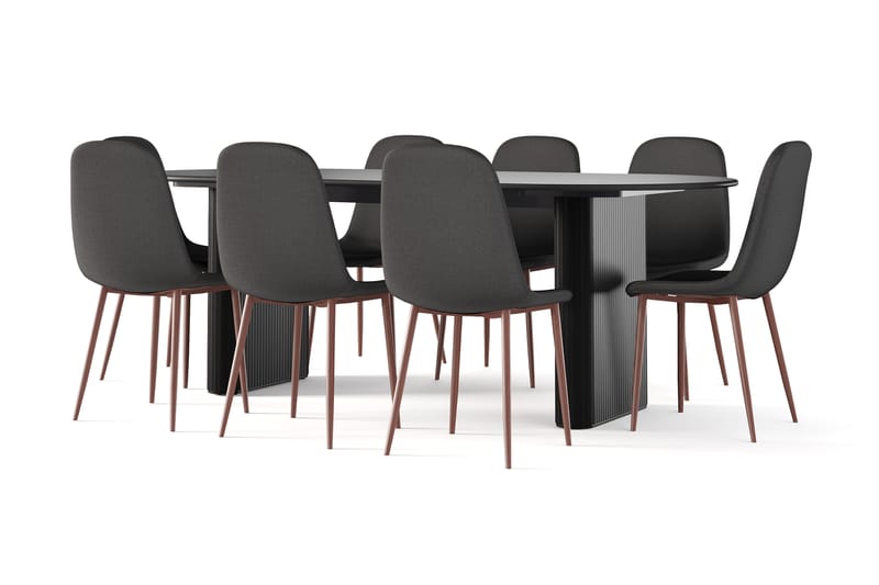 Neandir Ovalt Spisebord 220 cm Svart + 8 stk Naira stol svart med valnøttben - Svart - Møbler - Bord - Spisegruppe