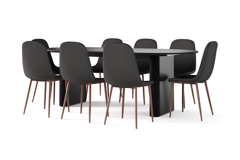 Neandir Ovalt Spisebord 220 cm Svart + 8 stk Naira stol svart med valnøttben - Svart - Møbler - Bord - Spisegruppe