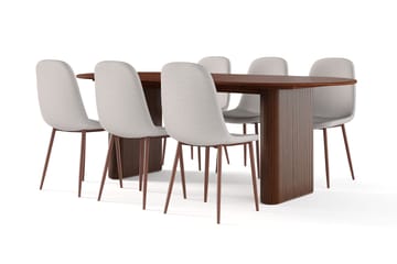 Neandir Ovalt Spisebord 220 cm Valnøtt + 6 stk Naira stol beige med valnøttben - Brun/Beige - Møbler - Bord - Spisegruppe