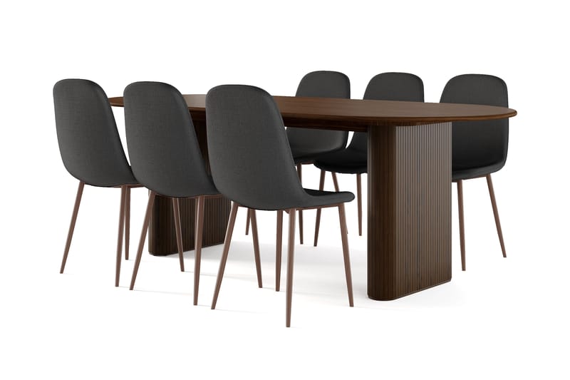 Neandir Ovalt Spisebord 220 cm Valnøtt + 6 stk Naira stol svart med valnøttben, Brun/Svart