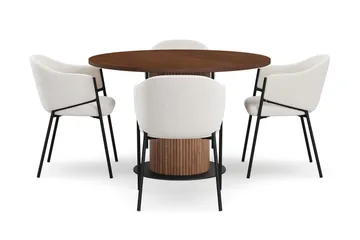 Noira Lite Rundt Spisebord Valnøtt 120 cm med 4 Filip Spisestoler - Brun / Hvit Bouclé - Møbler - Bord - Spisegruppe