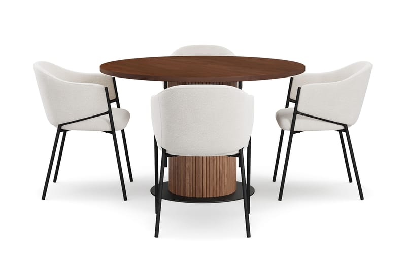 Noira Lite Rundt Spisebord Valnøtt 120 cm med 4 Filip Spisestoler - Brun / Hvit Bouclé - Møbler - Bord - Spisegruppe