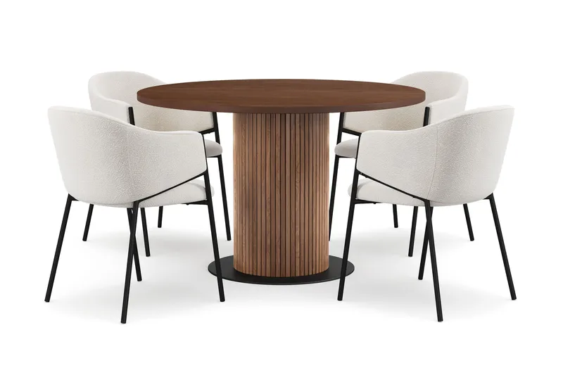 Noira Lite Rundt Spisebord Valnøtt 120 cm med 4 Filip Spisestoler, Brun / Hvit Bouclé