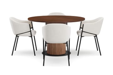 Noira Lite Rundt Spisebord Valnøtt 120 cm med 4 Filip Spisestoler - Brun / Hvit Bouclé - Møbler - Bord - Spisegruppe