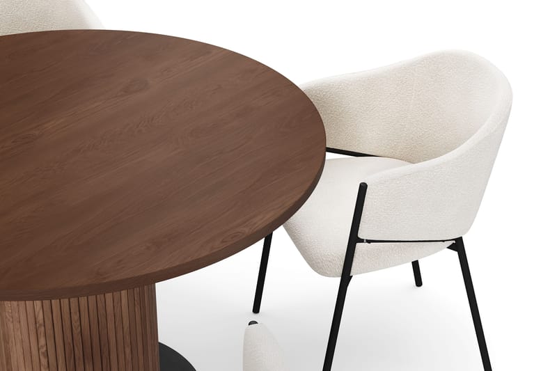 Noira Lite Rundt Spisebord Valnøtt 120 cm med 4 Filip Spisestoler - Brun / Hvit Bouclé - Møbler - Bord - Spisegruppe