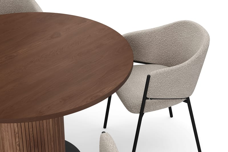 Noira Lite Rundt Spisebord Valnøtt 120 cm med 4 Filip Spisestoler - Brun / Taupe Bouclé - Møbler - Bord - Spisegruppe
