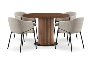 Noira Lite Rundt Spisebord Valnøtt 120 cm med 4 Filip Spisestoler - Brun / Taupe Bouclé - Møbler - Bord - Spisegruppe