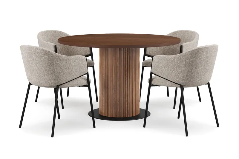 Noira Lite Rundt Spisebord Valnøtt 120 cm med 4 Filip Spisestoler, Brun / Taupe Bouclé