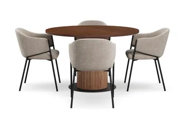 Noira Lite Rundt Spisebord Valnøtt 120 cm med 4 Filip Spisestoler - Brun / Taupe Bouclé - Møbler - Bord - Spisegruppe