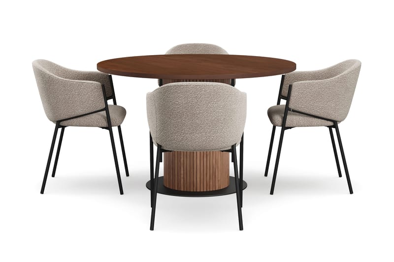 Noira Lite Rundt Spisebord Valnøtt 120 cm med 4 Filip Spisestoler - Brun / Taupe Bouclé - Møbler - Bord - Spisegruppe