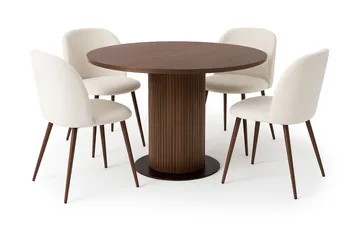 Noira Lite Rundt Spisebord Valnøtt 120 cm med 4 Greya Spisestoler med armlener - Brun / Hvit Bouclé / Metallben Valnøtt - Møbler - Bord - Spisegruppe