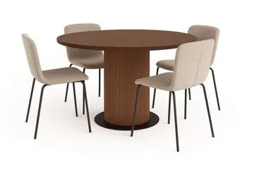 Noira Lite Rundt Spisebord Valnøtt 120 cm med 4 Katy Spisestoler - Brun / Greige Bouclé / Metallben Svart - Møbler - Bord - Spisegruppe