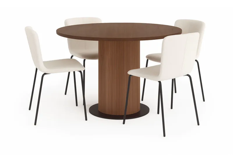 Noira Lite Rundt Spisebord Valnøtt 120 cm med 4 Katy Spisestoler, Brun / Hvit Bouclé / Metallben Svart